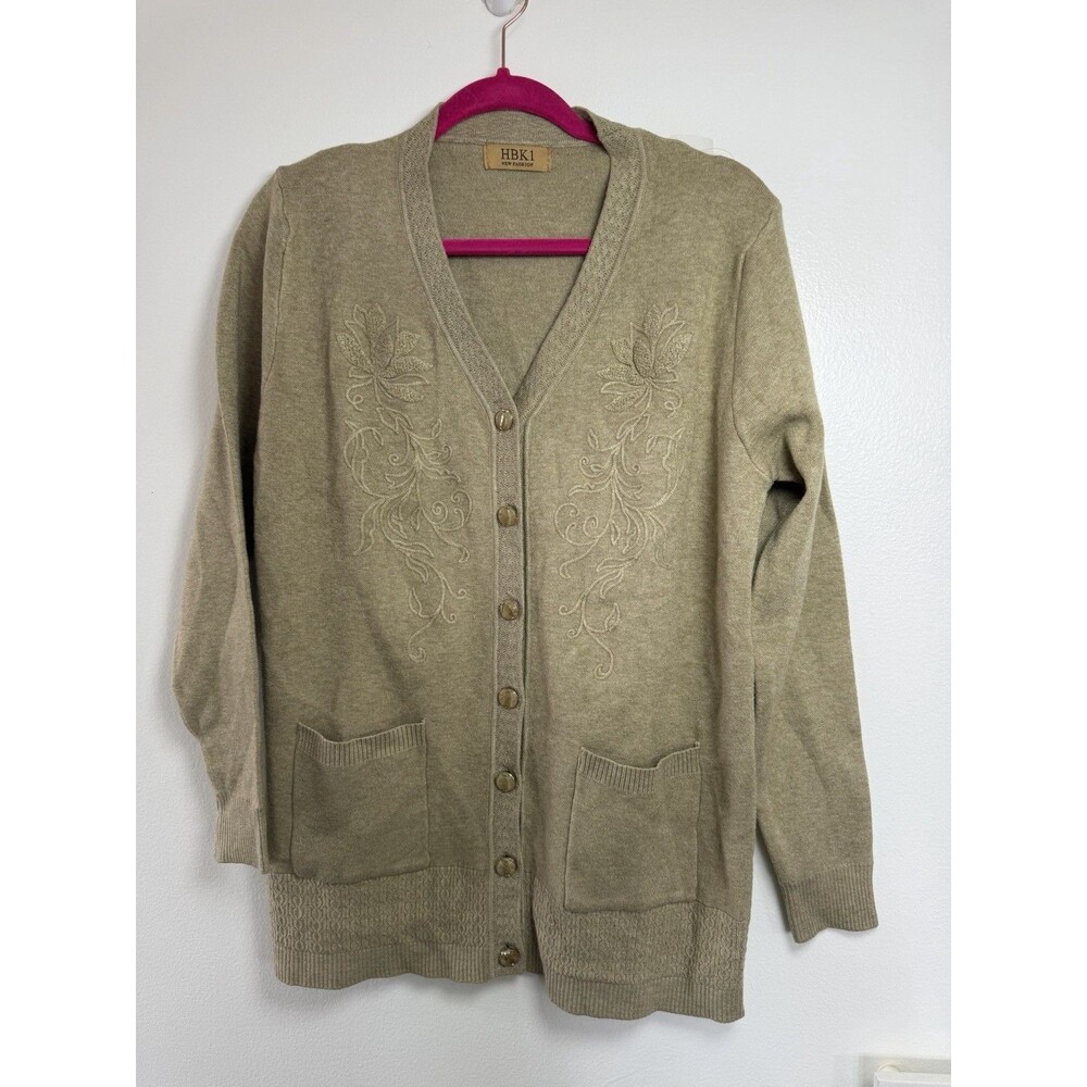 Oatmeal Heathered knit Cardigan Boho Sweater Grandma Bottoms Front Pockets L - Picture 2 of 14